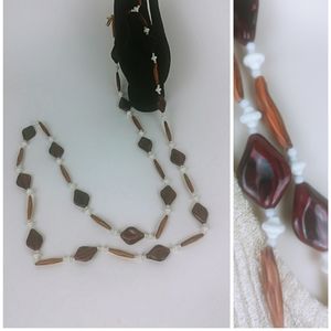 Vintage Hong Kong Lucite Flapper Necklace Brown White Unique